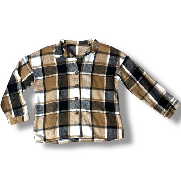 Unbranded Women's Long Sleeve Button Down Tan/Black/White Loose Flannel Shirt - Picture 12 of 15